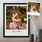 Oil-style portrait of a couple embracing outdoors, in a black frame, with the source photo as a small print beside it