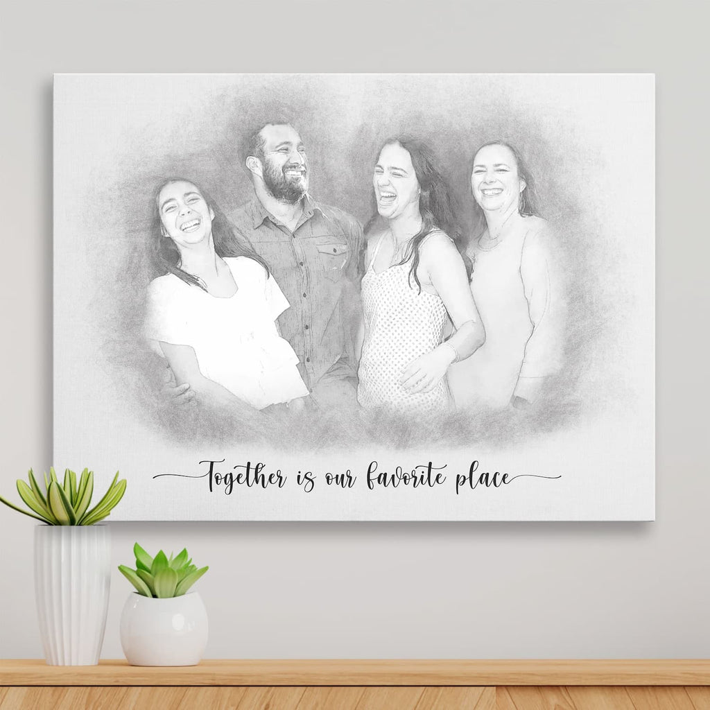 Sketch-style portrait of four adults laughing together, printed on canvas, with a script caption beneath