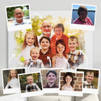 Photos of grandparents and five grandchildren, and the watercolor-style family portrait that puts them together, on canvas