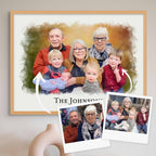 Watercolor-style portrait of three adults and four children in a light oak frame, 'The Johnsons', with two reference photos