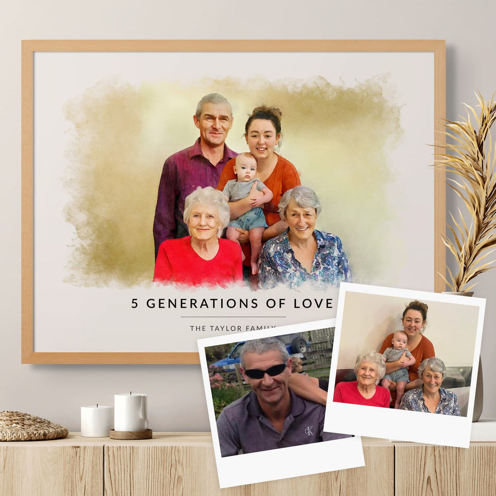 Watercolor-style portrait of five family members including a baby in a light oak frame, '5 Generations of Love'
