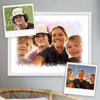 Watercolor-style portrait of a woman with a teenager and two younger children in a white frame, beside two photos