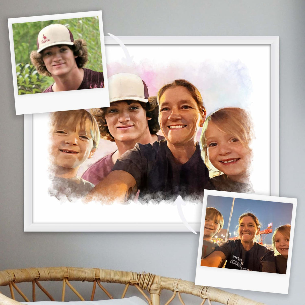 Watercolor-style portrait of a woman with a teenager and two younger children in a white frame, beside two photos