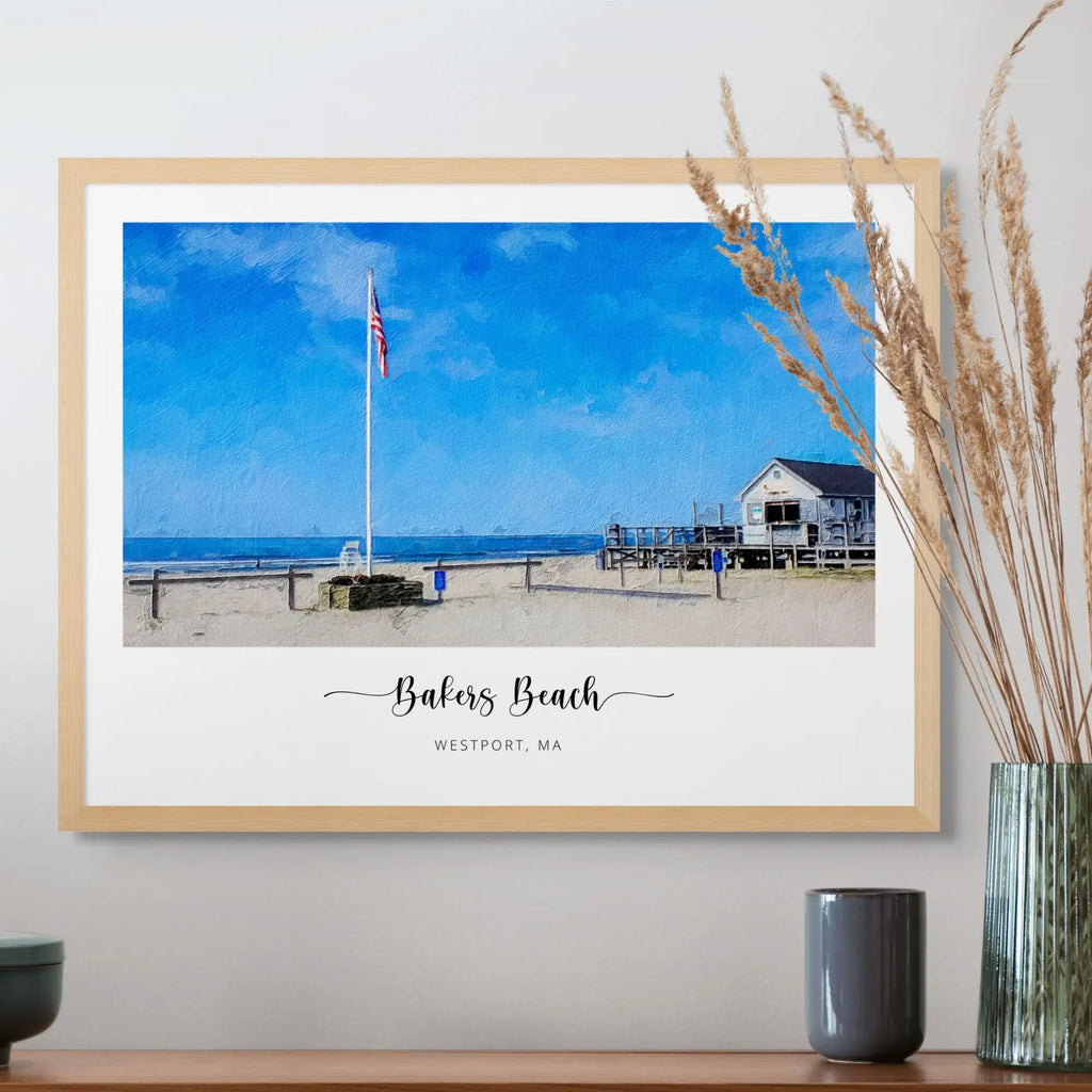 Oil-style portrait of a beach hut and flagpole in a light oak frame, titled 'Bakers Beach', Westport, MA
