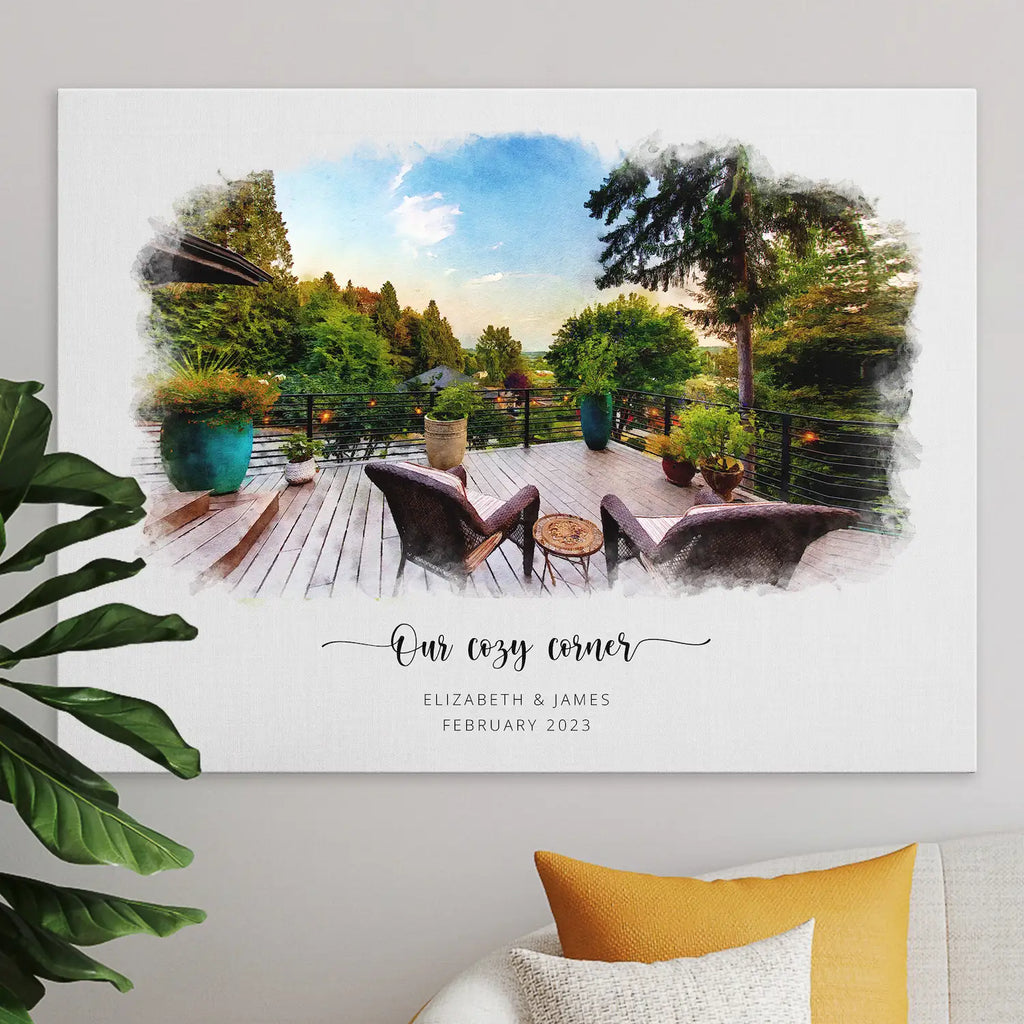 Watercolor-style portrait of a wooden deck with two chairs and potted plants, 'Our cozy corner', printed on canvas