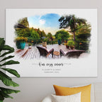 Watercolor-style portrait of a wooden deck with two chairs and potted plants, 'Our cozy corner', printed on canvas