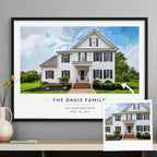 Oil-style portrait of a large white house, 'The Davis Family', framed in black, beside the photo it was made from