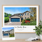 Oil-style portrait of a stone house with a blue garage door, in a light oak frame, with a small inset photo of the house