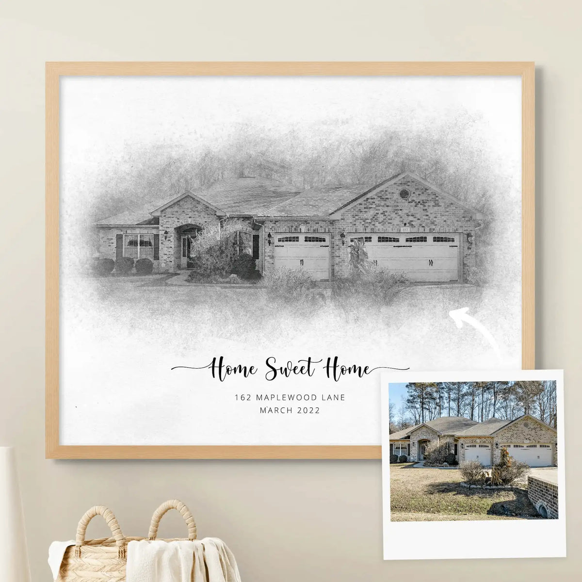 Sketch-style portrait of a brick house, 'Home Sweet Home', in a light oak frame, with its reference photo