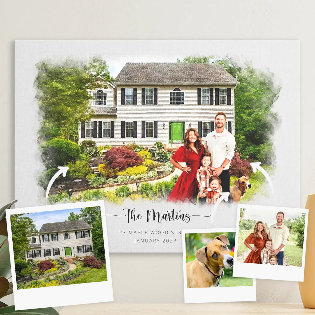 Watercolor-style portrait of a house with a family and dog in front, 'The Martins', beside three reference photos