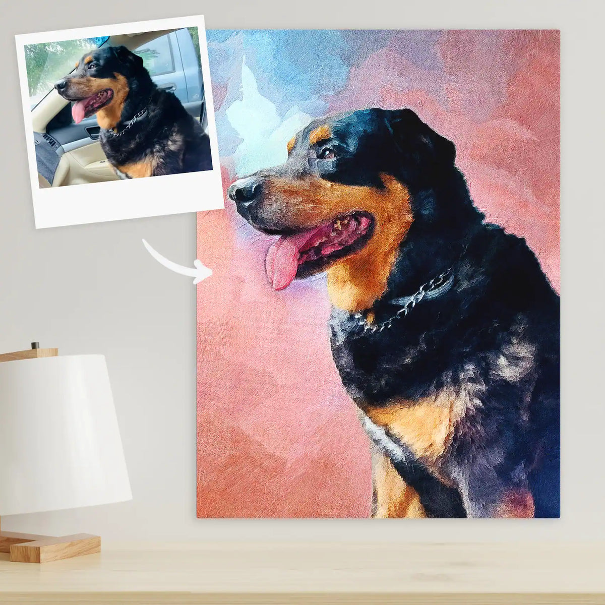 Oil-style canvas portrait of a black and tan dog with its tongue out, with the reference photo pinned beside it