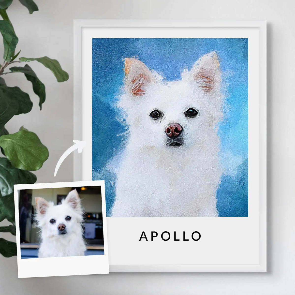 Oil-style portrait of a small white dog named Apollo on a blue background, in a white frame beside its reference photo