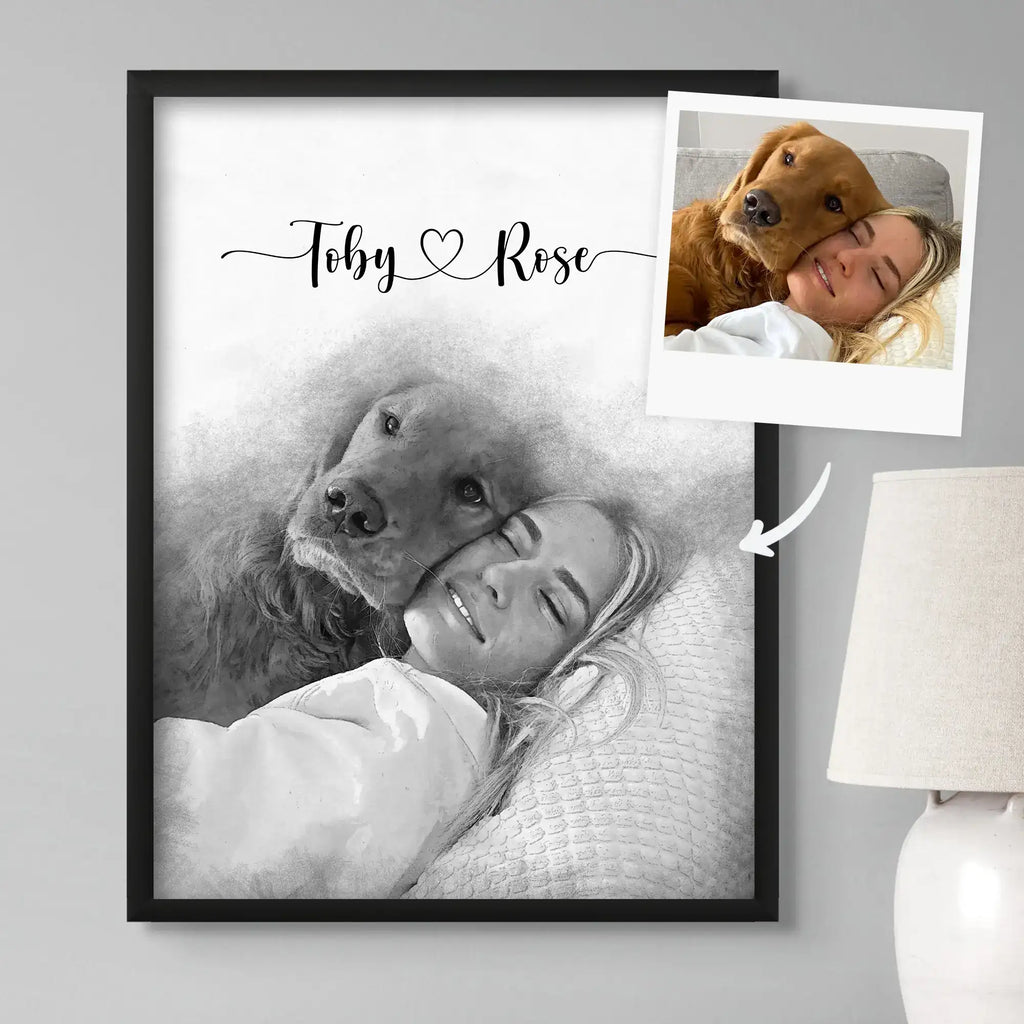 Sketch-style portrait of a woman and a golden dog cheek to cheek, in a black frame, with two names above and its photo