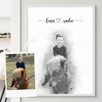 Sketch-style portrait of a boy riding a pony, in a white frame, with two names above and the reference photo beside it