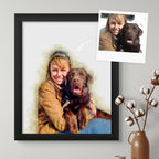 Watercolor-style portrait of a smiling woman hugging a chocolate Labrador, in a black frame, beside the reference photo