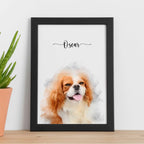 Watercolor-style portrait of a spaniel named Oscar in a black frame on a shelf beside a potted plant