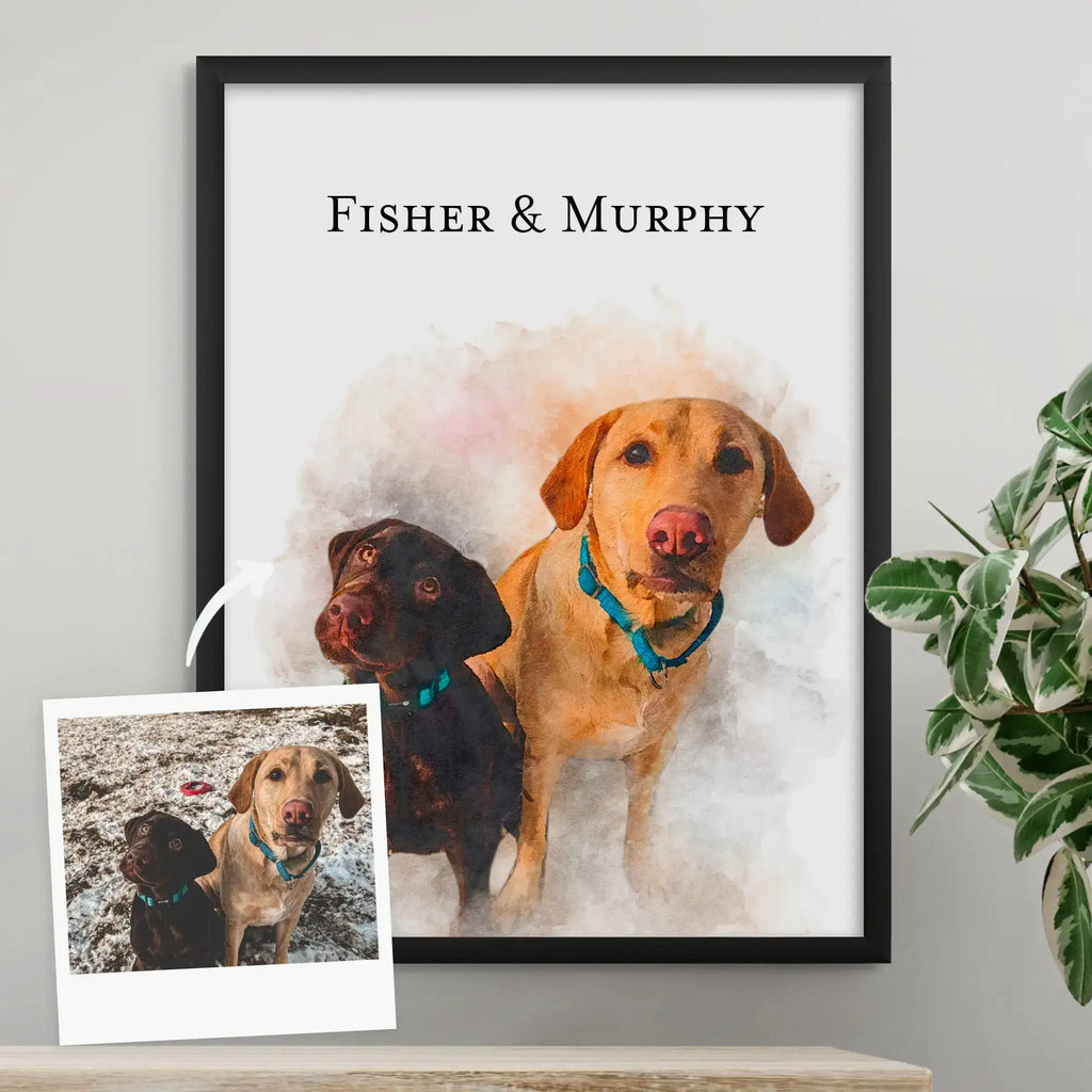 Watercolor-style portrait of two Labradors, one brown and one yellow, named Fisher & Murphy, framed in black, with photo