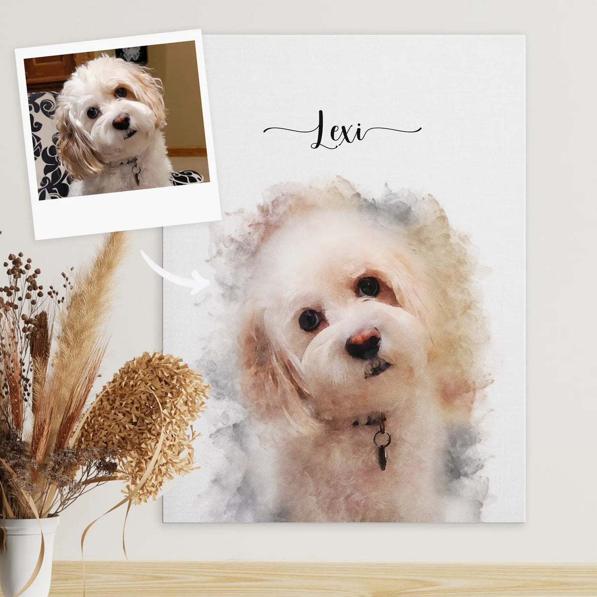 Watercolor-style canvas portrait of a small white fluffy dog, 'Lexi', with the reference photo pinned beside it