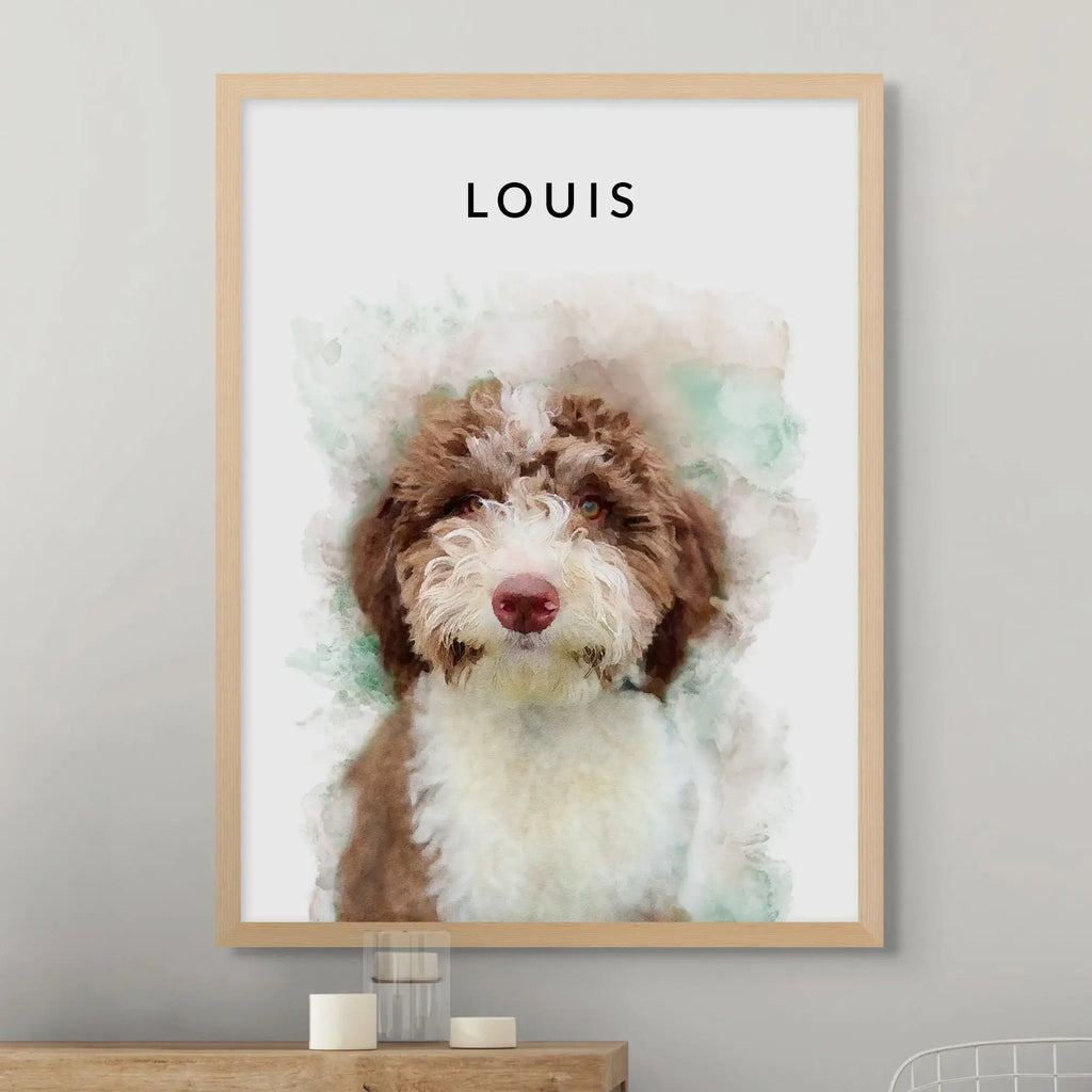 Watercolor-style portrait of a brown and white curly-haired dog named Louis, in a light oak frame above a shelf