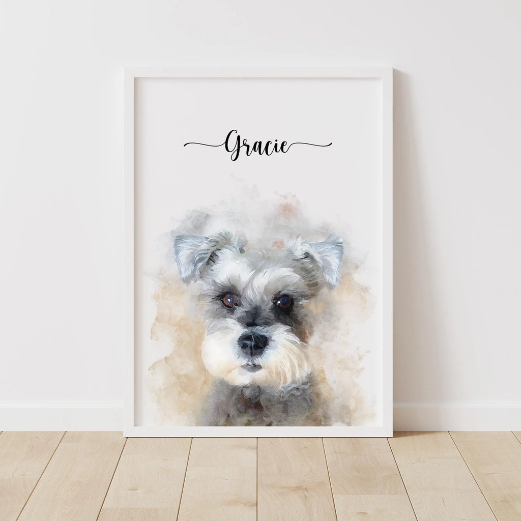 Watercolor-style portrait of a small silver-and-white dog named 'Gracie' in a white frame on a wood floor