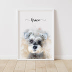 Watercolor-style portrait of a small silver-and-white dog named 'Gracie' in a white frame on a wood floor