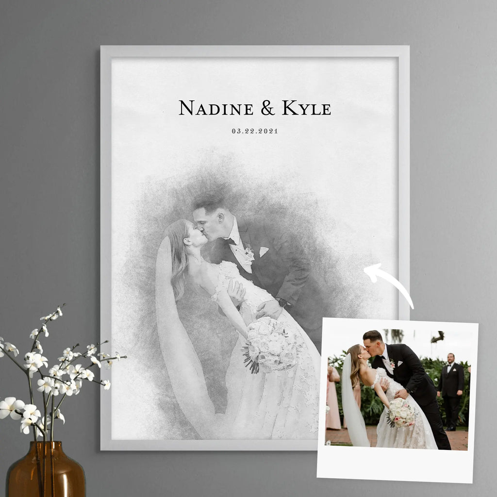 Sketch-style portrait of a couple kissing, in a white frame, beside its reference photo, with names and a date above