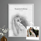 Sketch-style portrait of a couple kissing, in a white frame, beside its reference photo, with names and a date above