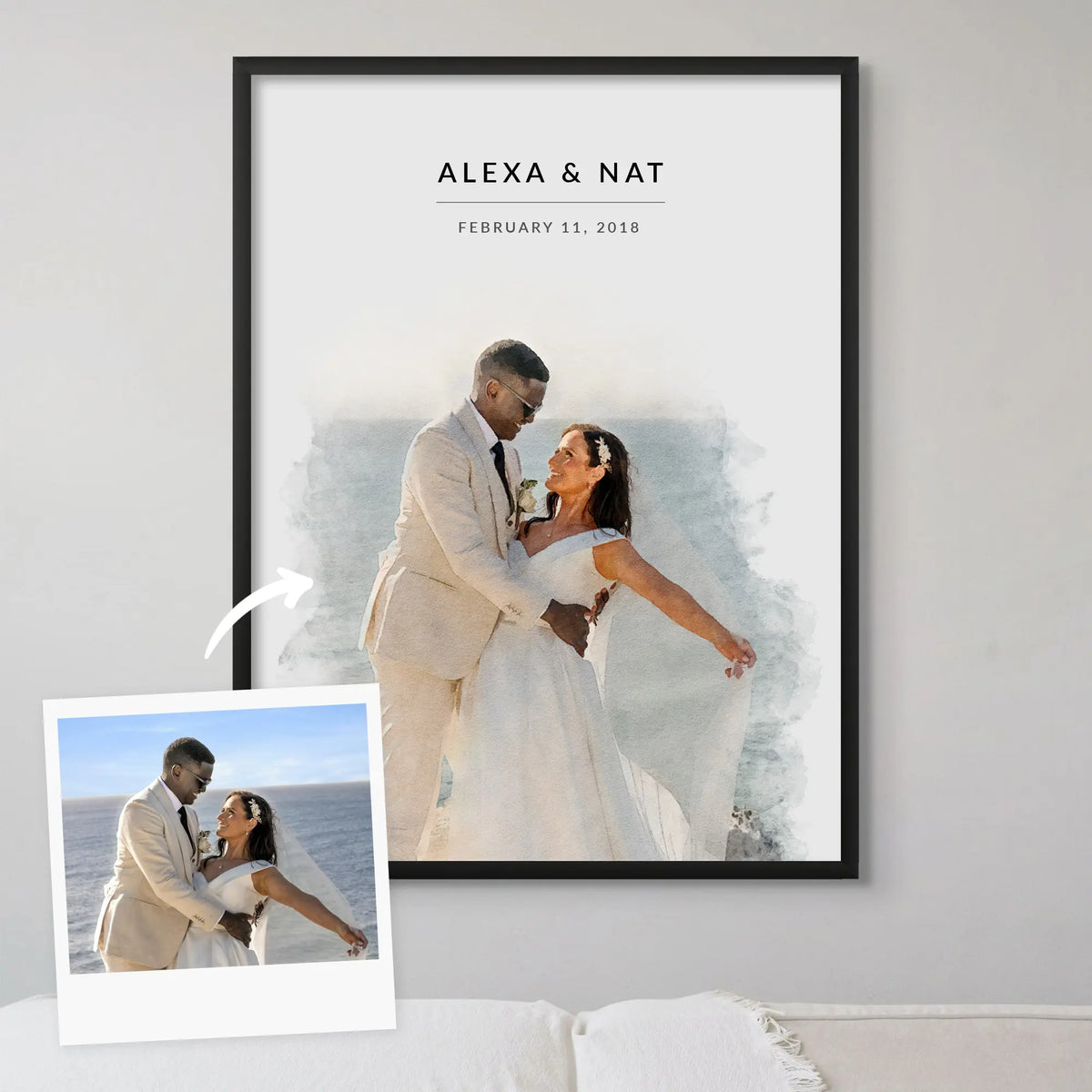 Watercolor-style portrait of a couple by the sea, framed in black, beside its reference photo