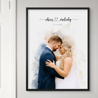 Watercolor-style wedding portrait of a bride and groom forehead to forehead, names and date above, framed in matte black