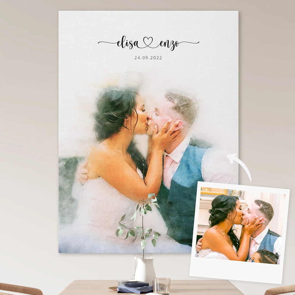 Watercolor-style portrait on canvas of a couple kissing, beside its reference photo