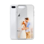 Clear iPhone 7 Plus/8 Plus case printed with a watercolor-style portrait of a couple embracing, beside a silver iPhone